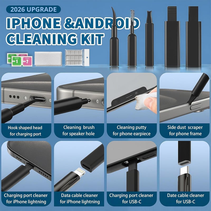 HISSIMO 2026 Upgrade Phone Cleaning Kit 47PCS, iPhone Cleaning Kit, Airbud AirPods Cleaning Kit, Keyboard Cleaning Kit, Charging Port Cleaner for Apple Lightning/Android USB-C (Black) - Image 2